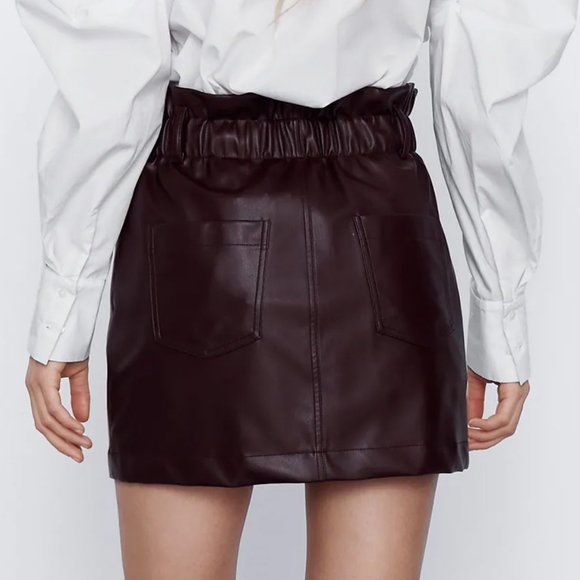 NEW Zara High Waist Paperbag Button Front Faux Leather Mini Skirt Burgundy Plum - Picture 6 of 9